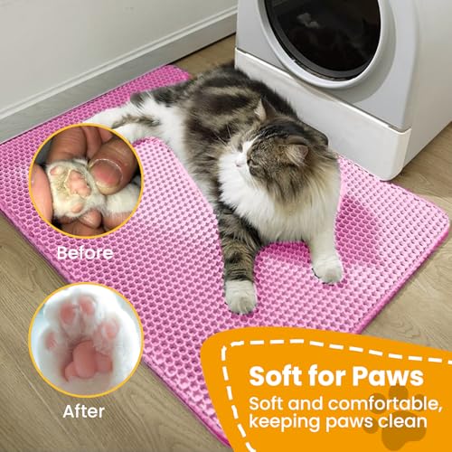 Petinstinct Cat Litter Mat, 24x18 Inches Large Honeycomb Double Layer Cat Litter Trapping Mat, Non Slip Waterproof Urine Proof Cat Litter Box Mat, Kitten Supplies and Essentials, Pink - Thumbnail 6