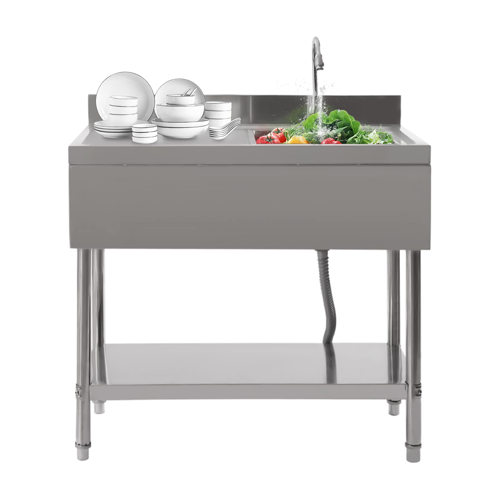 Edelstahlspüle mit 1 Becken (rechts) mit erhöhtem Boden, 100 x 60 x 80 cm, Küchenspüle, 1 Siebkorb und 1 Ablaufrohr für Zuhause, Restaurants, Badezimmer