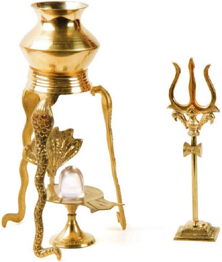 Sphatik Kalash Set, Round Shape, Brass and Glass Made, Size Aprox 11cm and 80g, Pack of 1 Sphatik Lingam Set, Tipahi and Trishul in Box