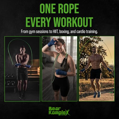 Bear KompleX - Speed Jump Rope - Adjustable Cross Training Boxing Fitness, Tangle-Free Skipping Rope Steel Cable 360° Swivel Bearings, Lightweight Aluminum Handles - Professional Size, Black Ice Color