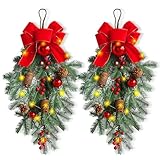 2 Pack Christmas Teardrop Swags, Christmas Swag Artificial Wreath with Bow, Red Berries and Pine Cones Hanging...