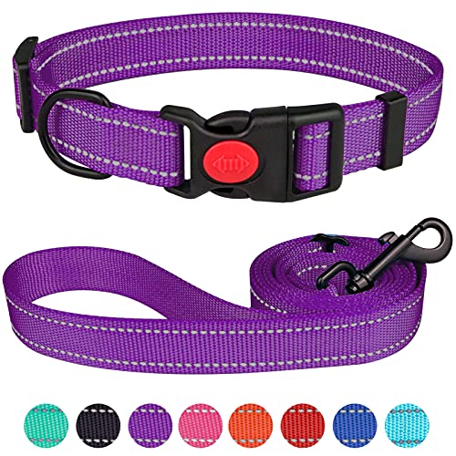Reflective Dog Collar And Leash Set With Safety Locking Buckle Nylon Pet Collars Adjustable For Small Medium Large Dogs 4 Sizes(Purple&S) #TOP8