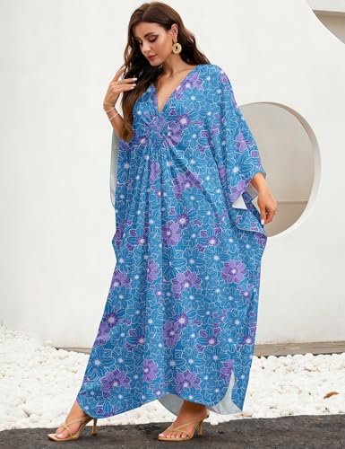 Image of MAKABO Kaftan Dresses for Women, V Neck Moo Moos Colorful Print Cover Ups Caftan Beach Dresses for Swimwear