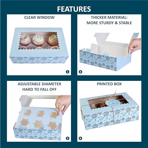 Image of mudrit Cupcake Boxes with Insert Trays (Pack of 10), Cupcake Carrier, Food Grade Bakery Boxes with Windows to fit 6 Cupcakes, Muffins or Pastries (Blue)