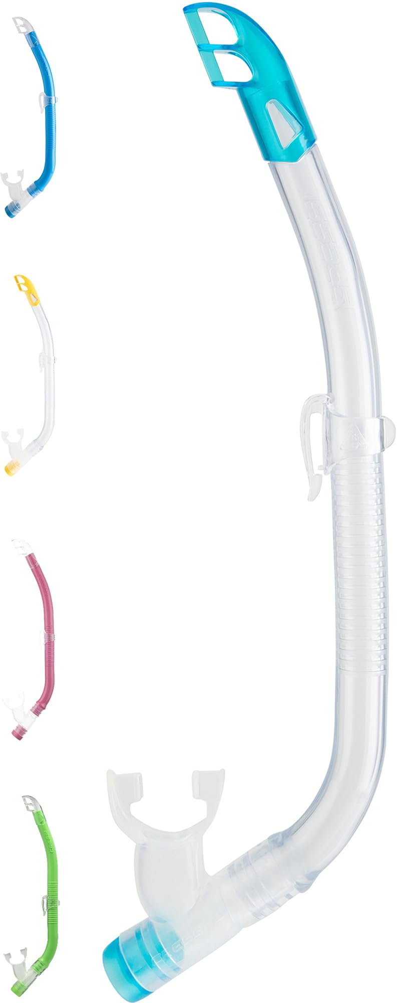 CRESSIKids Semi-Dry Snorkel - Splash-Guard on Top, Bottom Purge Valve, Silicone Mouthpiece, Quick-Release Keeper - Top: made in Italy
