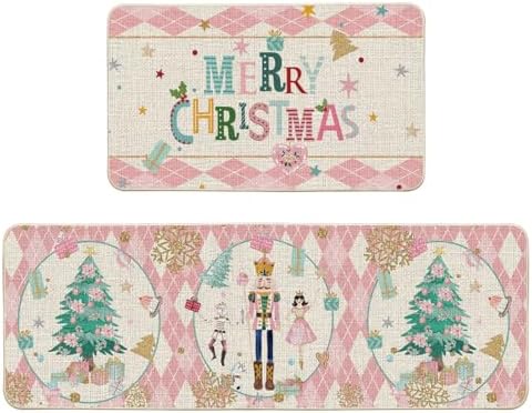 Artoid Mode Diamond Plaid Nutcracker Merry Christmas Kitchen Mats Set of 2, Winter Decor Low-Profile Kitchen Rugs for Floor - 17x29 and 17x47 Inch