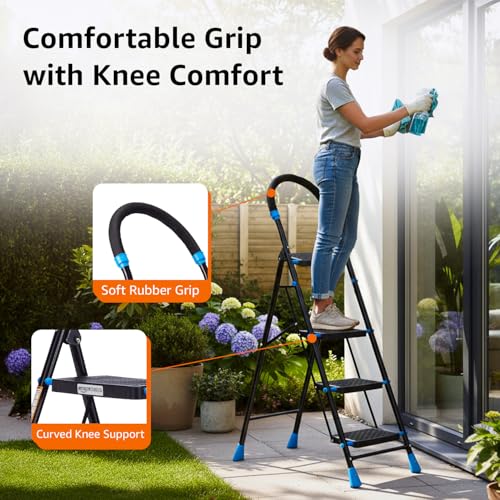 Image of Amazon Basics Curvo-Foldable Step Ladder, Ribbed Steps, Knee Guard, Non-Marring PVC Shoes, 4 Steps (Black & Blue)
