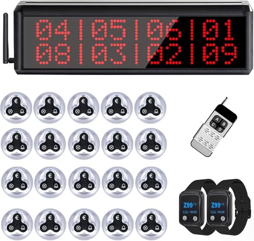 WNKRUN Restaurant Pager System Beeper Pager Wireless Calling System with 1 Number Display Host/20 3-Key Call Buttons with Cancel/2 Watch Pagers