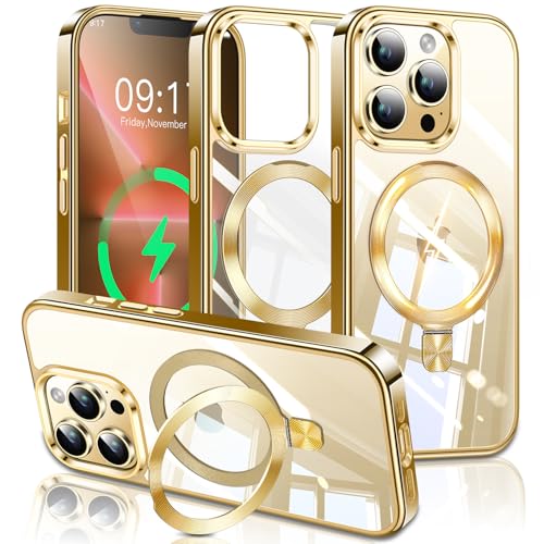 ESTPEAK Titanium Gold CD Mag-Stand Case for iPhone 13 Pro Max Case with Invisible Magnetic Ring, [Fit for MagSafe] [Never Yellowing] Top Clear Phone Case Cover for iPhone 13 ProMax 6.7