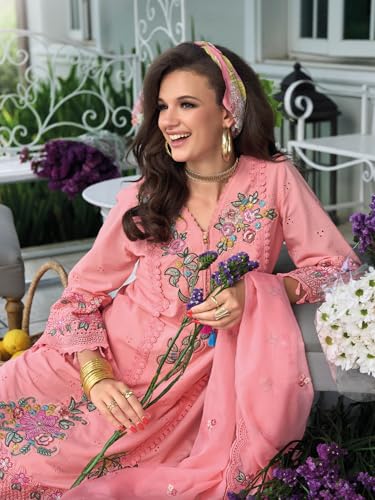 Image of INDO ERA Women's Straight Pure Cotton Floral Embroidered Kurta & Pant with Dupatta Set (IEOUT11423)