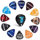 18 Pack Celluloid Guitar Picks with Organizer Storage Box & Holder Case,0.5 0.57 0.75 0.84 1.0 1.2 mm Six Timbres and Touch Thicknesses & Variety Colorful Plectrums for Bass Electric Acoustic Ukulele