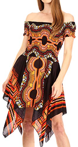 Sakkas TH356 - Vestito Elastico Africano Dashiki da Spalla Casual Cocktail Femi da Donna - Nero - OS