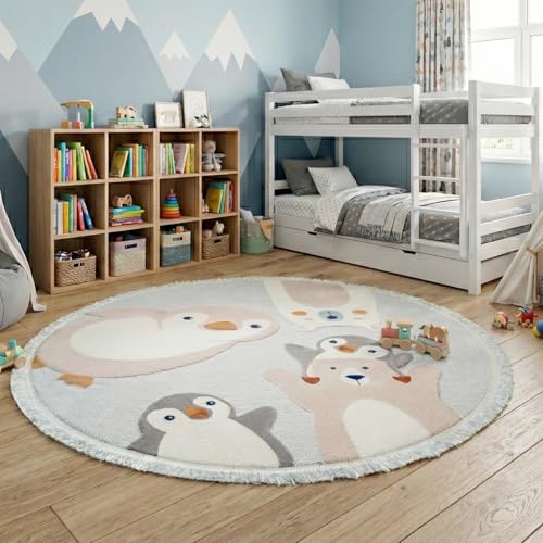 RUGURA Alfombra Infantil Redonda Habitación Niña Niño Dormitorio Animales Ositos Nubes Estrellas Arcoiris 160cm Gris Beige