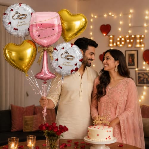 Image of Wanna Party Happy Anniversary Wine Glass Foil Balloon Set of 5, Pink Wine Glass Balloon with Gold Heart and Printed Round Balloons, Romantic Anniversary Decoration for Husband Wife & Couples