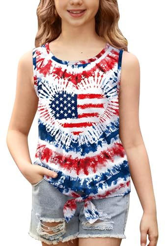 Image of July 4th Girls Patriotic Sleeveless Tie Knot Front Tank Top Stars Stripes Tee Shirt 4-14 Years