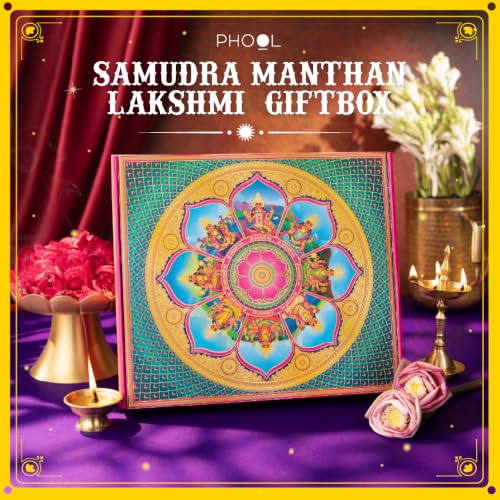 Image of Phool 15 Item Samudra Manthan Lakshmi Diwali Gift Box with Chocloate Ladoo, Bombay Chikky, Diya, Candles, Incense, Poojan Kit | Gift Hamper for Family & Friends and corporte Gifting