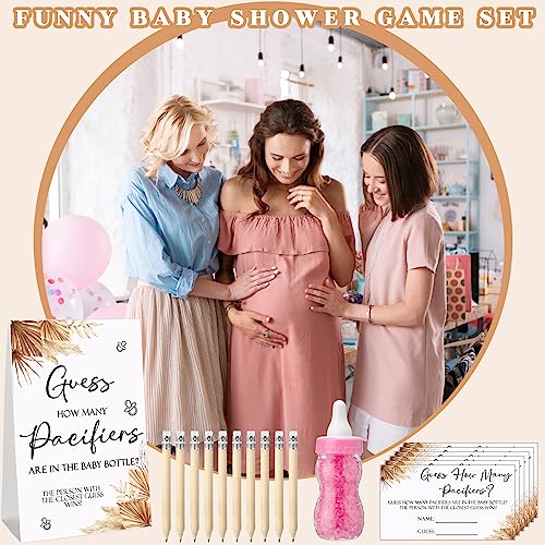Image of Roowest 512 Pcs Baby Shower Games Guess How Many Pacifiers Sign 100 Small Guessing Games 10 HB Pencils 750ml Milk Bottle 400 Acrylic Pacifiers Decoration for Guest Gender Reveal(Pink,Boho)