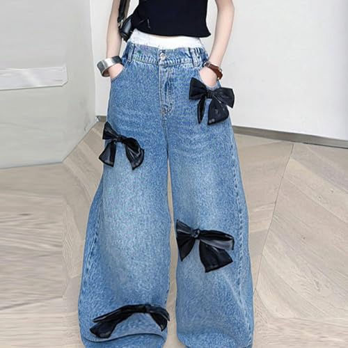 Girls Jeans Streetwear Denim Cargo Pants High Waist Floor Length Baggy Wide Leg Jeans 4-14 Years4