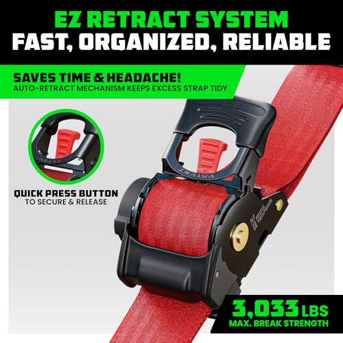Rhino USA Retractable Ratchet Straps (2-Pack) - 2 Inch x 10 Feet (3,033lb Break Strength) - Heavy Duty Auto Self Retracting Tie Down Straps for Truck, Cargo Trailer, Motorcycle, Rad & More - Red
