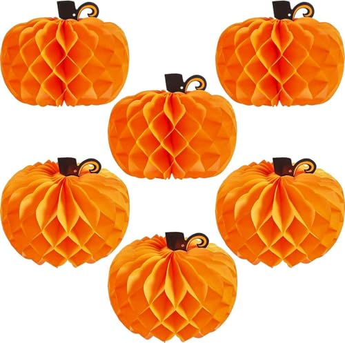 HGJST 6 Pack Paper Pumpkin Honeycomb Pumpkin Centerpieces 3D Tissue Pumpkins 10.2 Inch Hanging Decoration for Halloween/Thanksgiving Fall Festival Party Supplies