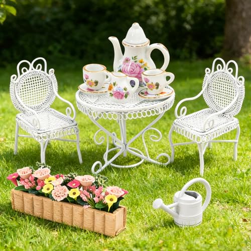 Dollhouse Table Chair Sets, Metal Miniature Patio Sets, Dollhouse Fairy Garden Bistro Outdoor Furniture Accessories