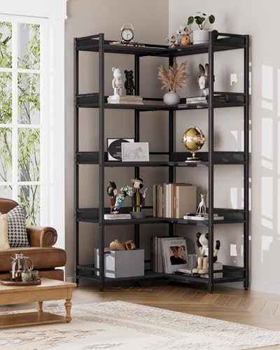 Image of Large 5-Tier Corner Bookshelf - Modern Tall Corner Shelf Storage Display Rack with Sturdy Metal Frame - Perfect for Living Room, Home Office, Books and Decor Display