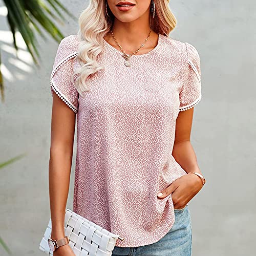 Women's Shirts Dressy Casual Short Sleeve Lace Trim Tee Tops Polka Dots Printed Crew Neck Pullover T Shirts Blouse #TOP2