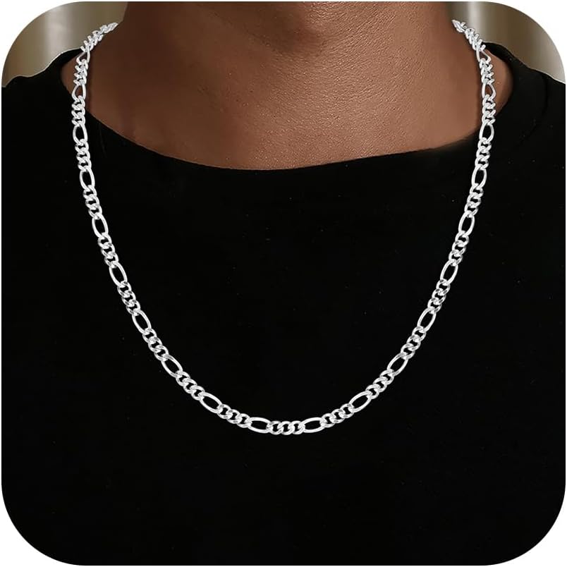 925 Sterling Silver Figaro Chain, Dainty Diamond Cut 4mm Silver Chain for Men Jewelry Gifts for Men Father Boyfriends