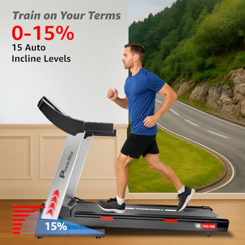 Image of PowerMax Fitness TAC-125 5HP Motorised Auto Incline Treadmill for Home Use, Max User 130kg, Max Speed-18kmph, BMI Calculator, Running Deck 1300x460mm, LED Display, Aux, Bluetooth for Music