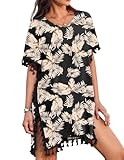 AI'MAGE Women Bathing Suit Cover Up Tassel Swimsuit Coverup Short Sleeve Beach Cover Ups Beach Wear (Leaves, Small)