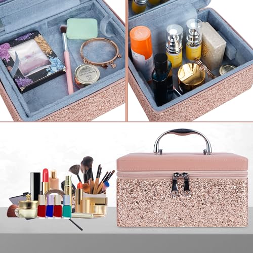 Image of FADAK Leather Cosmetic Makeup for Beauty Case Wedding Makeup Box Travel Large Vanity Mirror Storage Jewelry Bridal Box 22.50x 18.75x11.75 cm (Pink) Medium