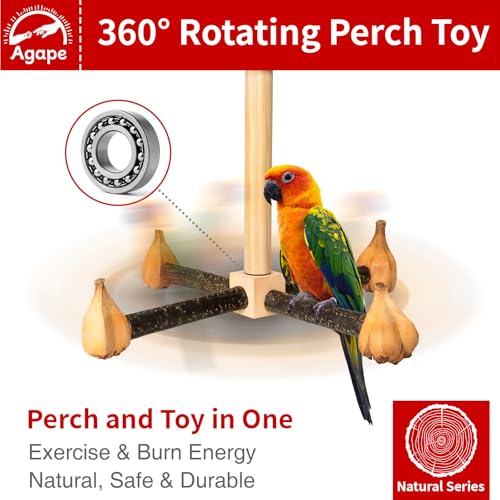 Image of Agape Rotating Parrot Perch with Chew Toy, Wooden Stand for Small Birds | Natural Bird Cage Accessory for Parakeets, Cockatiels, Lovebirds, Conures, Budgies, Helps Reduce Boredom & Encourage Exercise