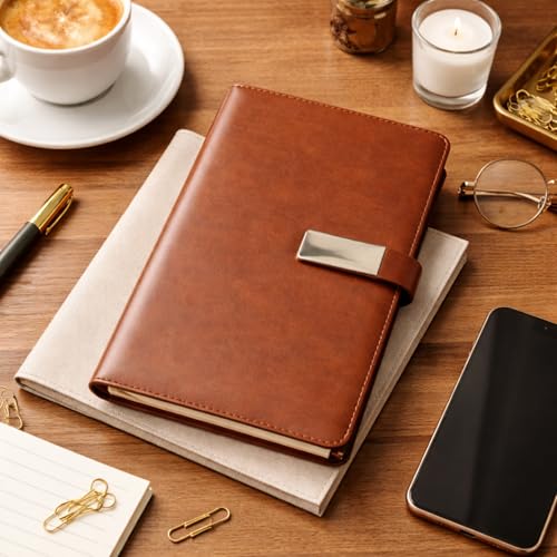 Image of A5 Leather Diary for Men & Women | Premium Notebook with 192 Ruled Pages | Magnetic Closure Office Diary, Planner, Personal Journal & Writing Notebook (Tan)