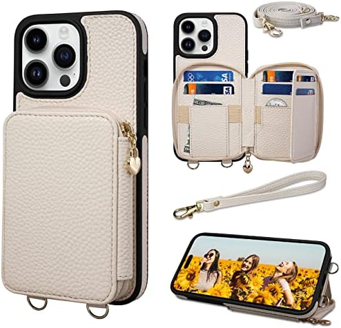 Keallce Case for iPhone 14 Pro Max 6.7'' Wallet Case, Crossbody Zipper Handbag with RFID Blocking 10 Card Slot Kickstand, Detachable Shoulder & Wrist Strap Protective Cover for iPhone 14 Pro Max,Beige