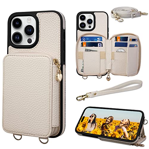 Keallce Case For Iphone 14 Pro Max 6.7'' Wallet Case, Crossbody Zipper Handbag With Rfid Blocking 10 Card Slot Kickstand, Detachable Shoulder & Wrist Strap Protective Cover For Iphone 14 Pro Max,Beige #TOP17