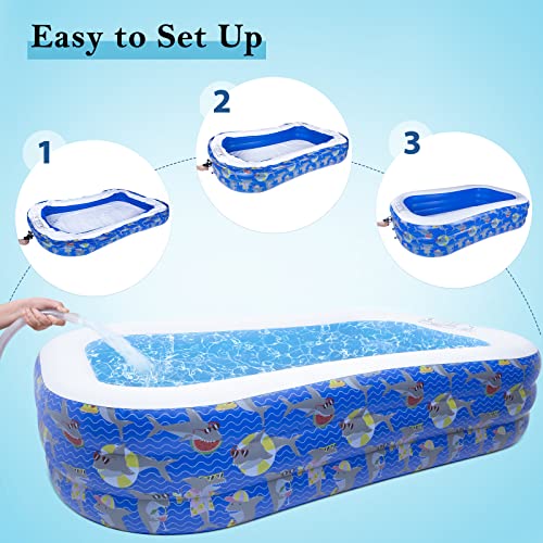Decorlife 8Ft Inflatable Pool For Adults And Kids With Shark Pattern - 96" X 56" X 22", Rectangular Blow Up Pool For Medium Family Fun, Easy To Inflate And Store, Dark Blue #TOP4