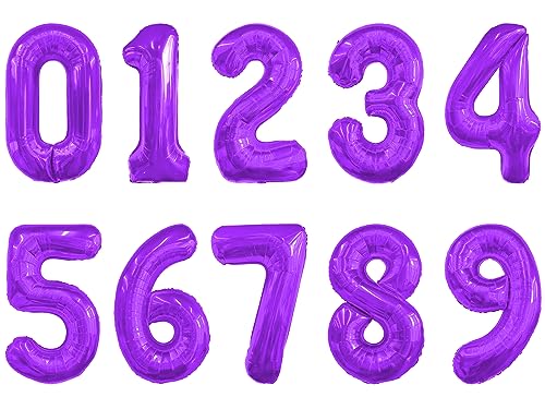 Image of Number Balloons 16 Inch Mylar Foil Number 0-9 Balloons Set for Party Decoration Custom Digital Balloons 10 Pieces Party Supplies (purple)