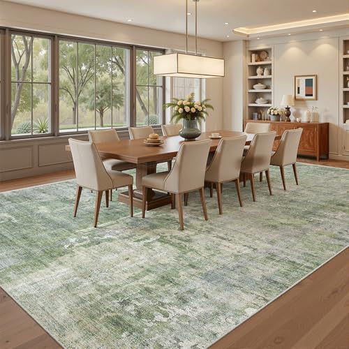 Image of Soalmost Abstract Rug 8x10 Large Living Room Rugs Neutral Modern Washable Area Rugs for Bedroom Dining Room Non-Slip Stain Resistant Foldable Thin Rug Green