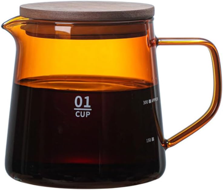 Glass Coffee Server with Handle and Wooden Lid 10.1oz Small Glass Carafe Elegant Translucent Milk Creamer Pitcher Pour Over Coffee Beaker