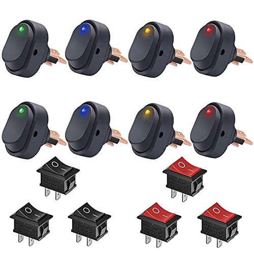GTIWUNG 8 Pièces 12V 30A SPST 3 Broches ON/OFF Rond Point LED Lumière Bouton-Poussoir Interrupteur À Bascule + 6Pcs Mini Bateau Commutateur SPST Bouton...