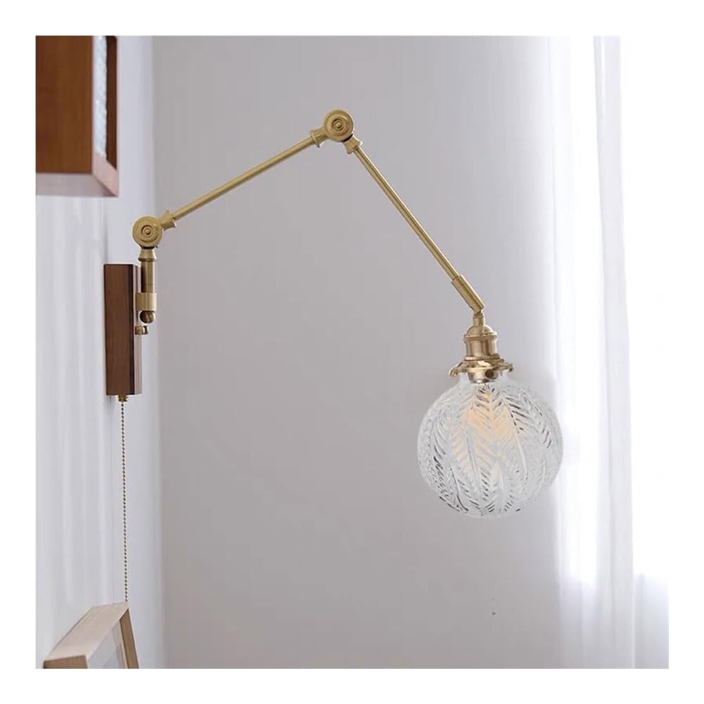 HPTHLY Swing Arm Wall Sconces With Pull Cswitch Vintage Globe Glass Wall Mount Lamp Retro Walnut Wood Wall Lights Fixture For Bedroom (Clear Shade)