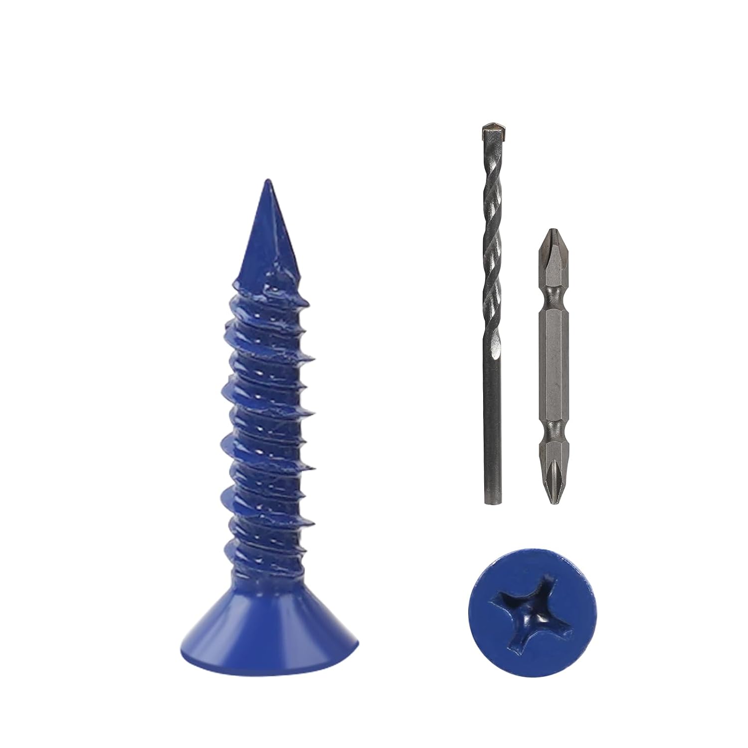 CHENGFIX Phillips Flat Head Concrete Screws Assortment Kit, Blue, 1/4", High-Low Thread, Conical Diamond Point, 49 Pieces, 5 Sizes (30, #1/4" x1-1/4)