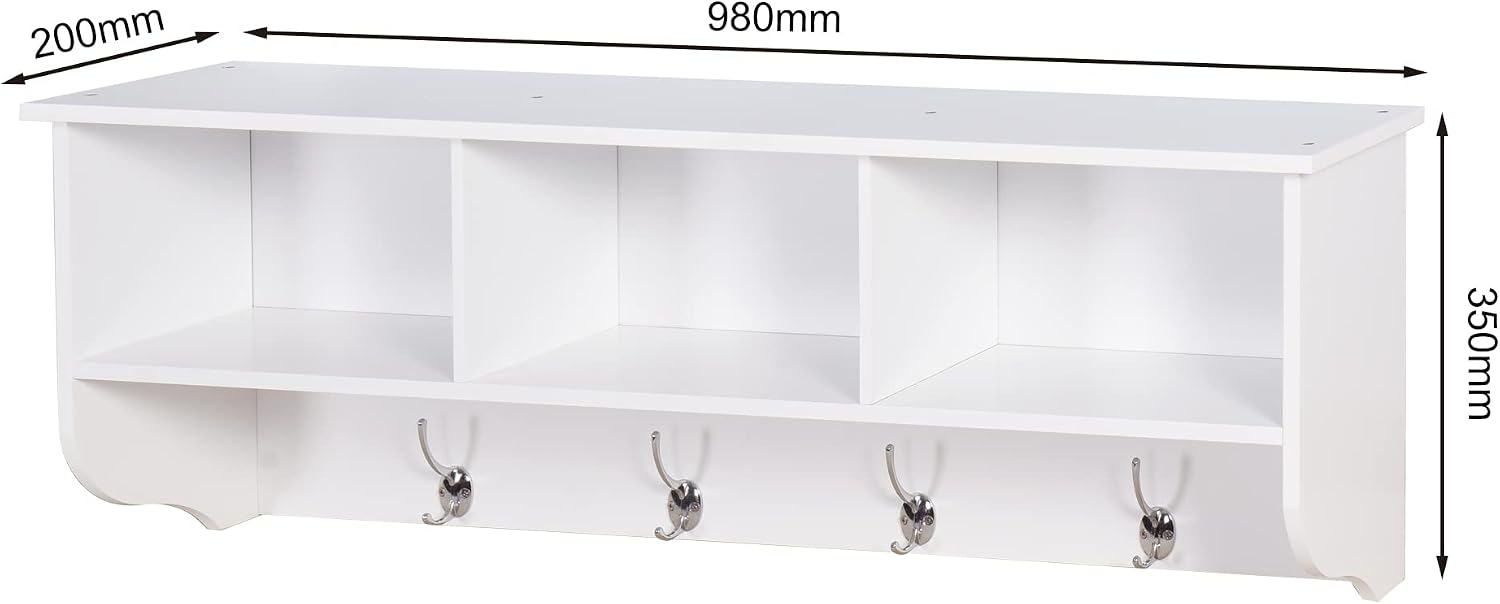 Elegant White Wooden Wall-Mounted Coat Rack with Shelf - Entryway Organizer with 4 Dual Hooks - Modern Storage Display for Home Decor, Plants, Photos - MDF Construction - 39"x8"x14"