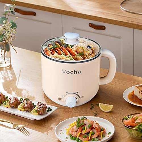 Vocha Electric Hot Pot with Keep Warm Function, 1.6L Non-Stick Electric Skillet, Portable Travel Cooker, Mini Multi-Cooker for Pasta Noodles, Soup, Boiled Eggs, Vegetables, Meat (Beige)