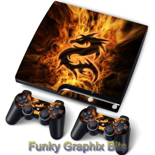 Funky Planet - PS3 PlayStation 3 Slim Skin Stickers PVC for Console + 2 Controllers/Pads Decal Protector Cover Art Leather Effect Fire Dragon