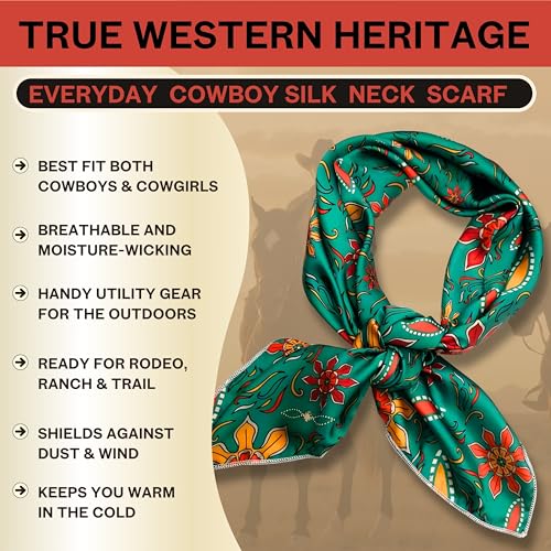Wild Rag Silk Scarf 36'', Western Cowboy Bandana Square Silky Wild Rags,Teal Floral Tibal Scarves for Men & Women2