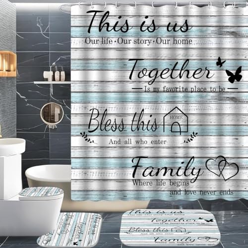 juwute 4Pcs Family Shower Curtain Sets with Non-Slip Rugs, Toilet Lid Cover and Bath Mat, Wood Grain Home Bathroom Decor Set Accessories Waterproof Shower Curtains with 12 Hooks, 72 x 72 Inch