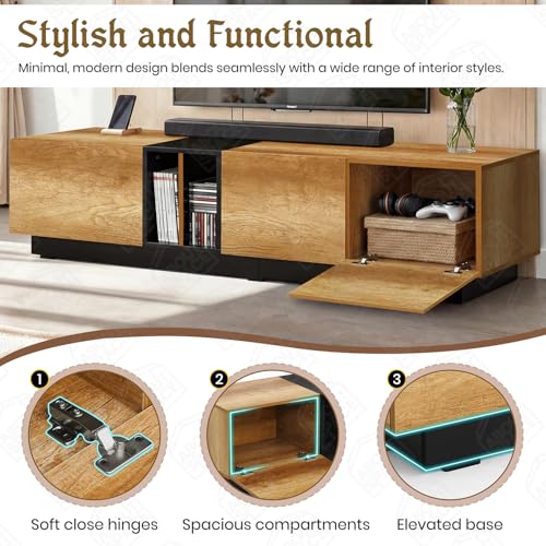 Image of ABOUT SPACE TV Unit - Engineered Wooden TV Stand Table Cabinet with Drop Down Doors & Split Open Compartment, Cable Hole for WiFi Router Stand for Living Room (CM Oak& Black-L190.5 x B40.5 x H43.5 cm)