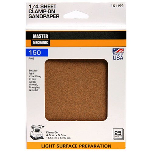 ali industries 5131-003 Master Mechanic, 25 Pack, 4-1/2 -Inch x 5-1/2 -Inch, 150 Grit, Fine, 1/4 Sheet Clamp On Sandpaper