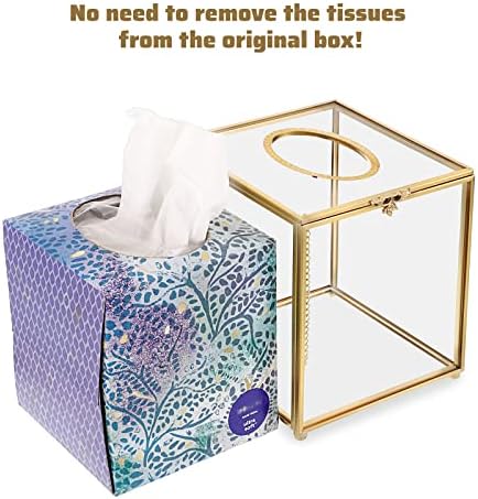 SUMNACON Glass Facial Tissue Box Clear Gold Paper Box Holder, Square Napkin Box Storage Tissue Paper Box Organizer, Decorative Cube Tissue Box for Facial Tissue, Napkin